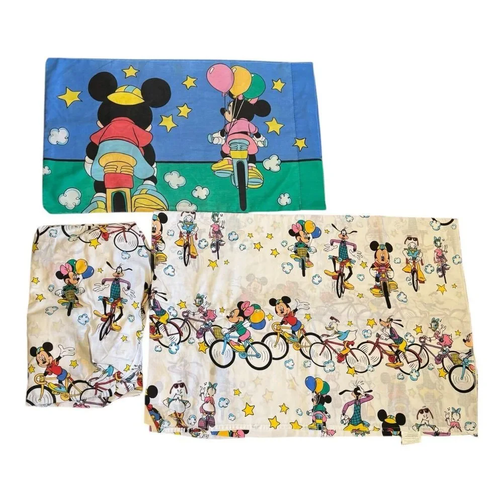 Vintage 1990's Mickey & Friends Tour De Mick Sheet Set For Twin & Pillow Bicycle
